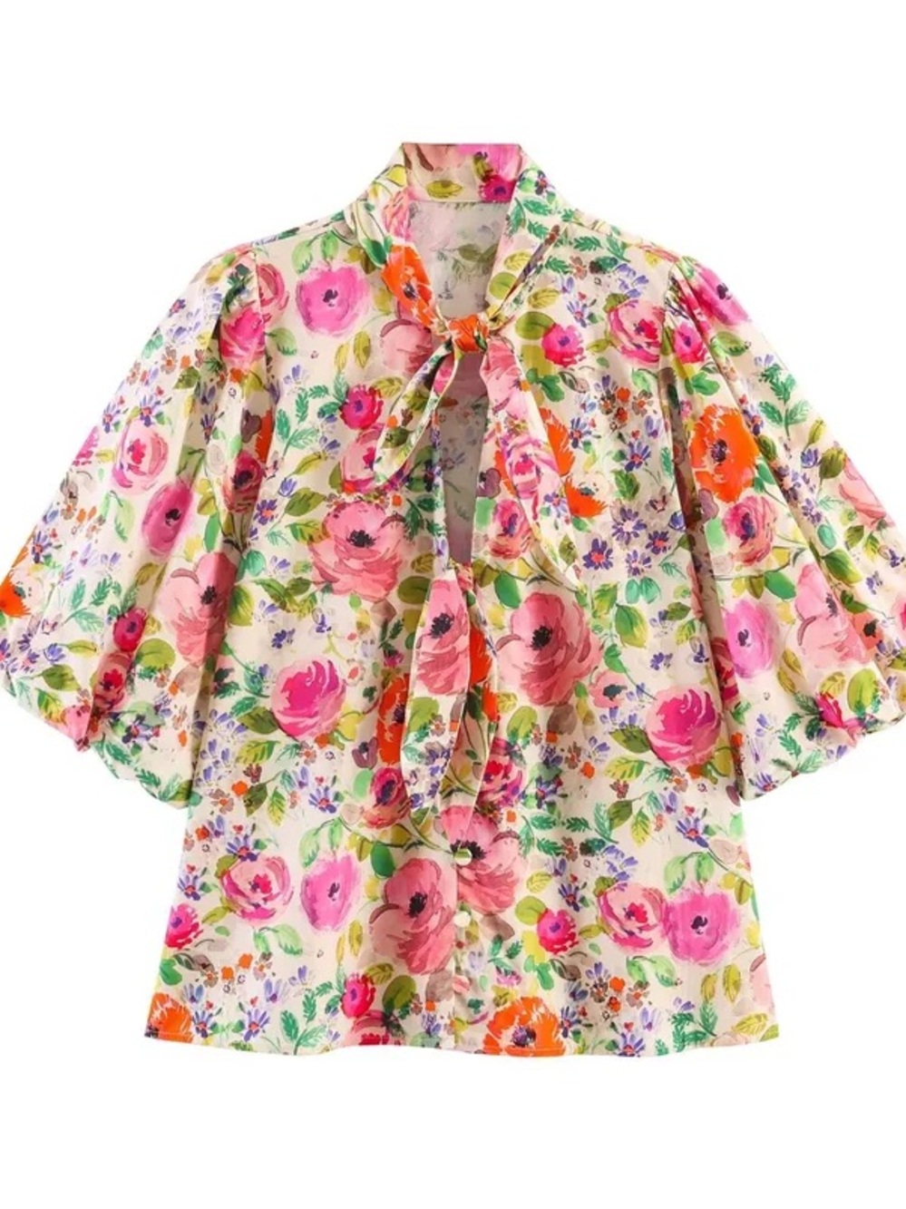 Zara Floral Tie-Neck Puff Sleeve Blouse in Pink, Green, Orange